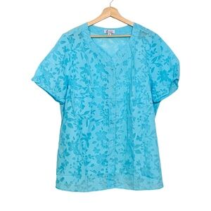 Denim & Co. QVC Light Blue Floral Semi-Sheer Button Front Top Size 1X